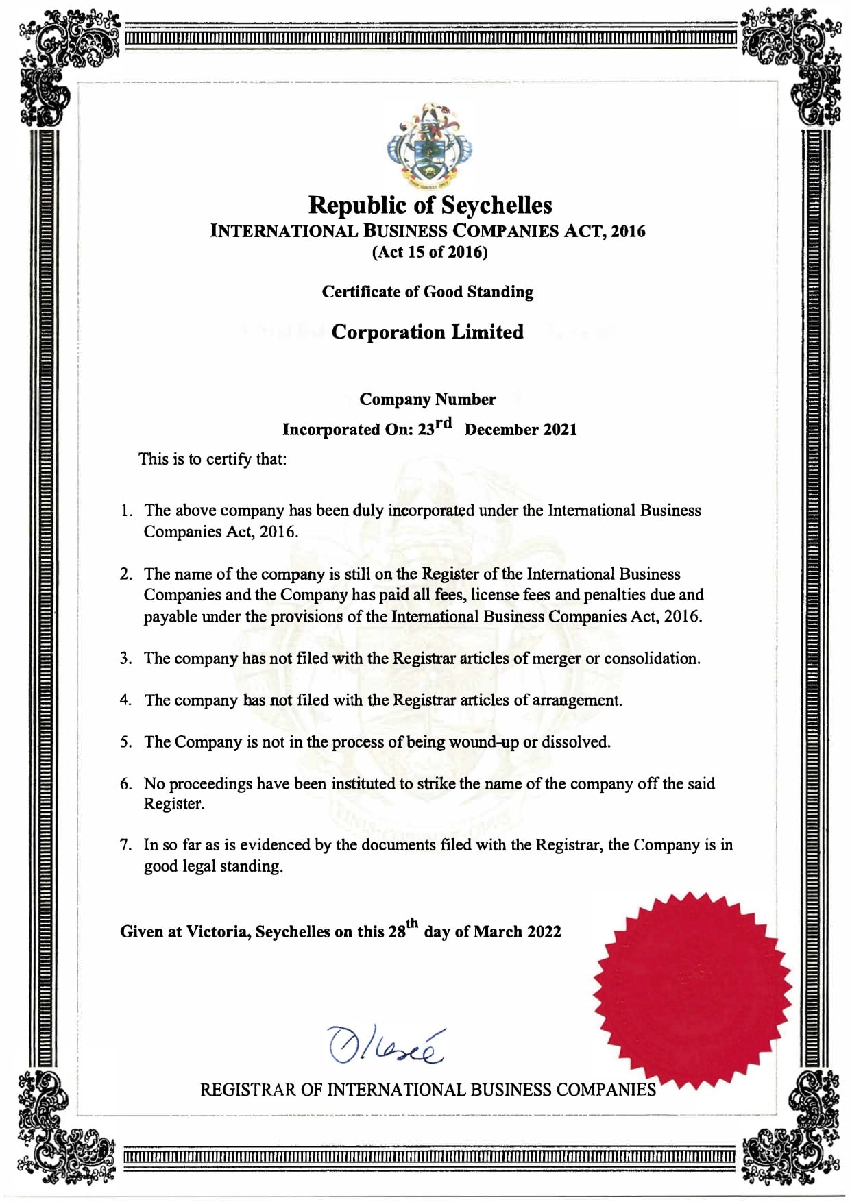 Certificate of Good Standing Commercial Register of Seychelles