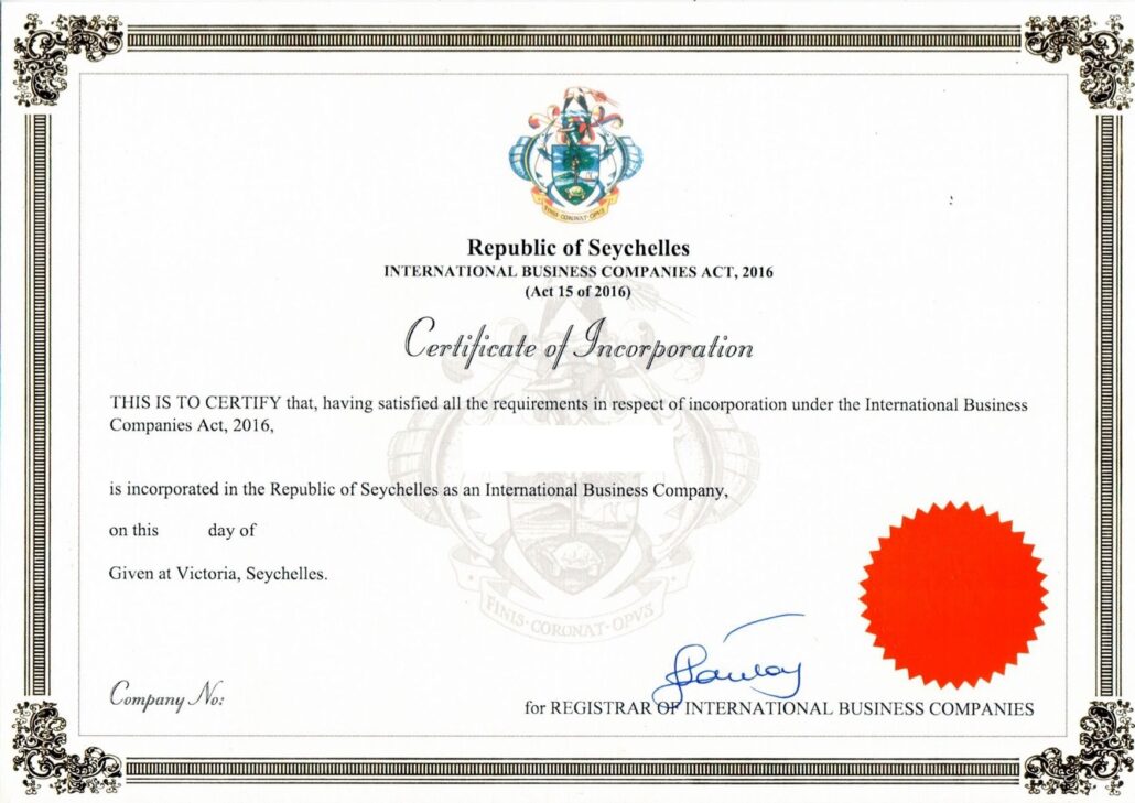 Certificate of Incorporation, Seychelles